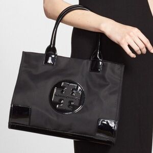 Tory Burch Mini Ella Tote Bag in Black Nylon and Black Patent Leather Trim